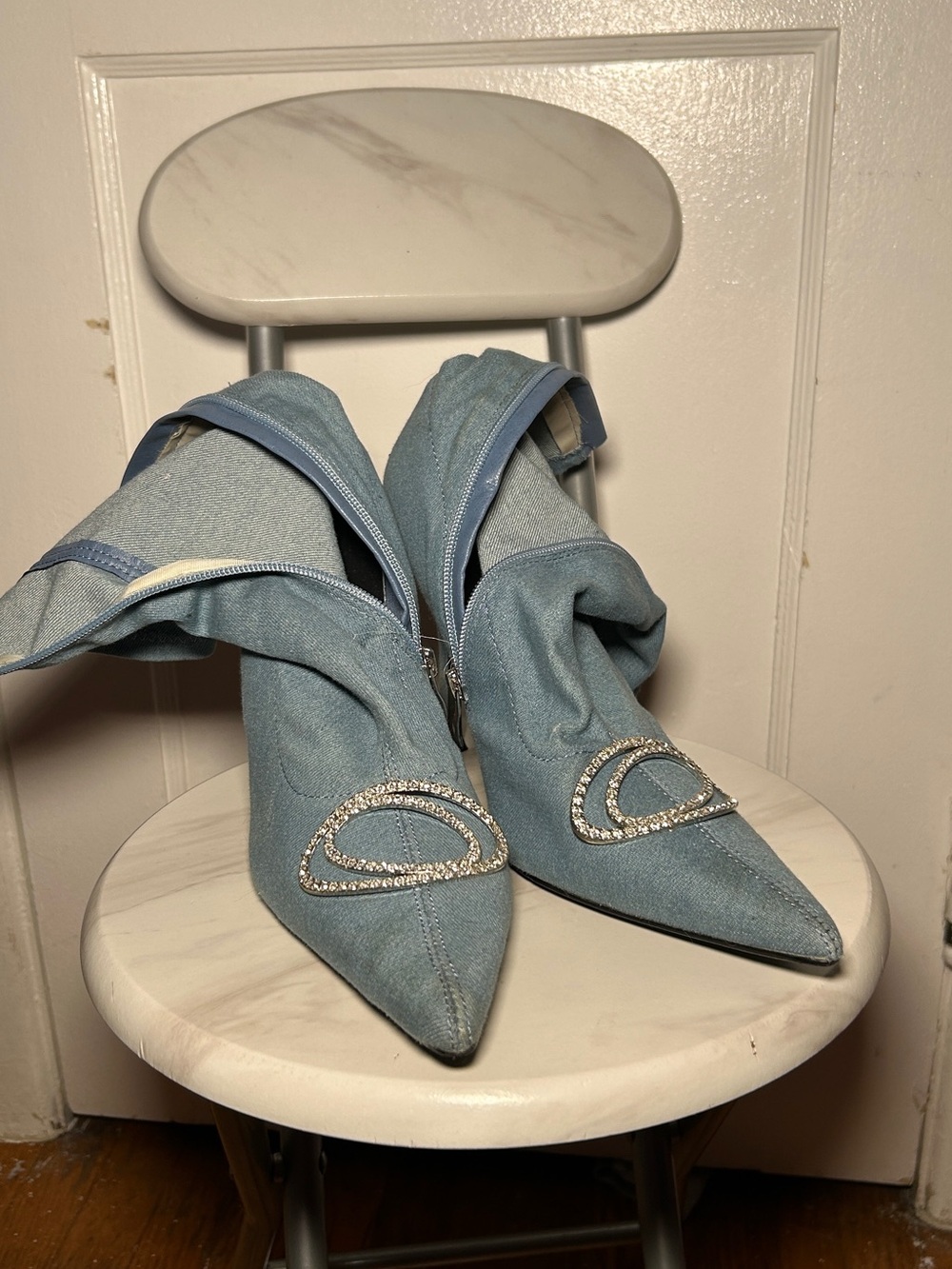 Women's Pointed Toe Blue Denim Ankle Boots with Crystal Accent